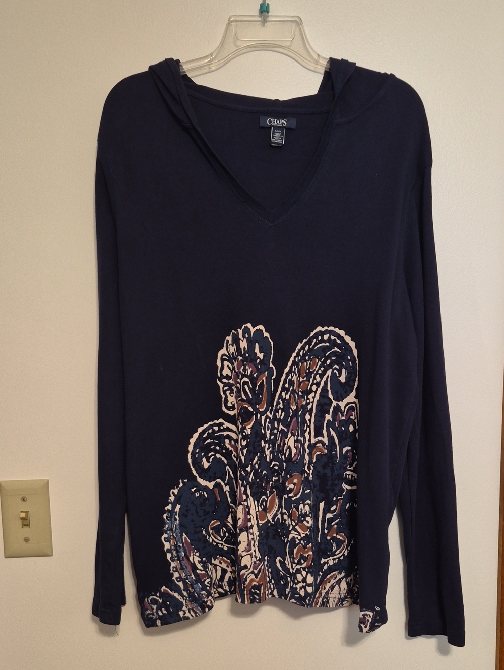 Chaps Navy Hooded V-Neck Top with Paisley Detail SZ L